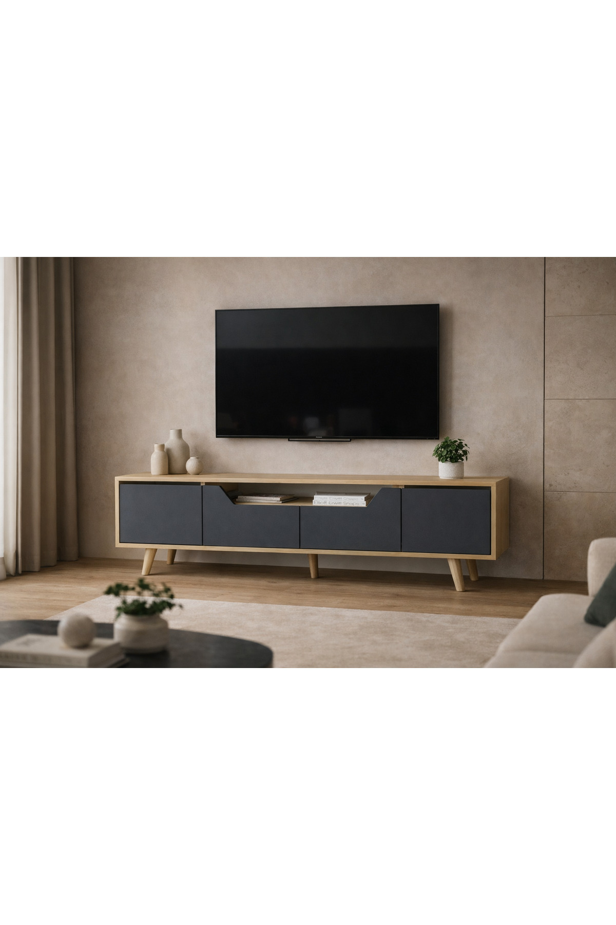 Roman Wooden Leg TV Unit TV Stand Sapphire Oak - Anthracite