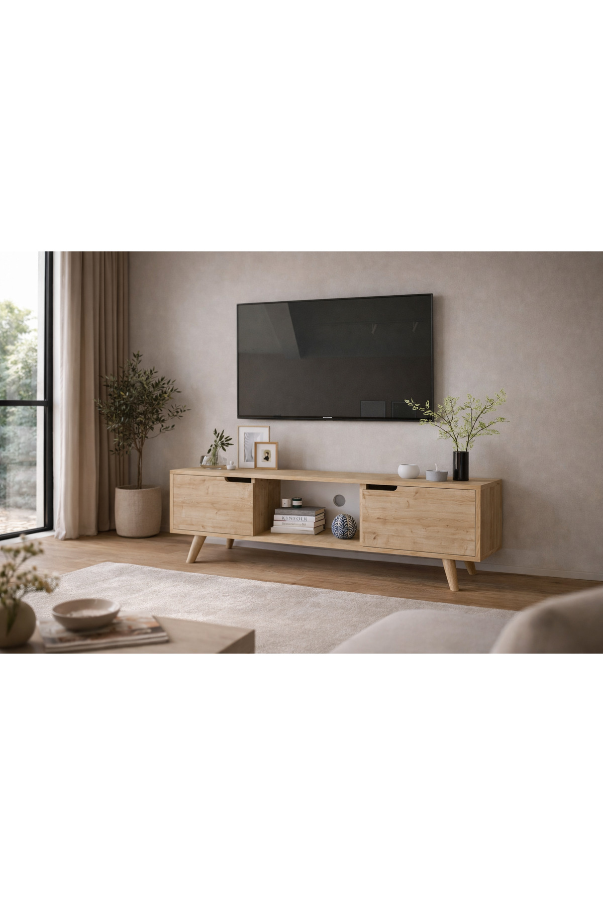 Siena Wooden Leg TV Unit Sapphire Oak Television Console 140 Cm Economic Module Coffee Table