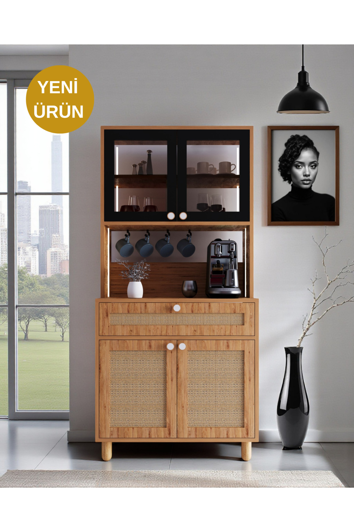 Ambiance Coffee Corner Cabinet | Led Illuminated Cabinet | Tempered Blackout Glass and Jute Fabric MDF Cover