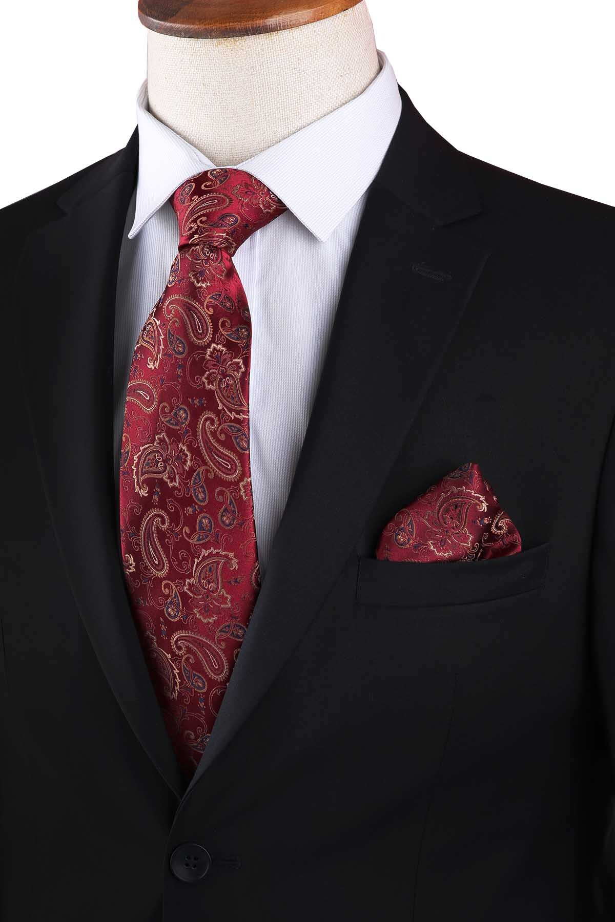  کراوات کلاسیک طرح‌دار شال قرمز با دستمال جیبی KK13210