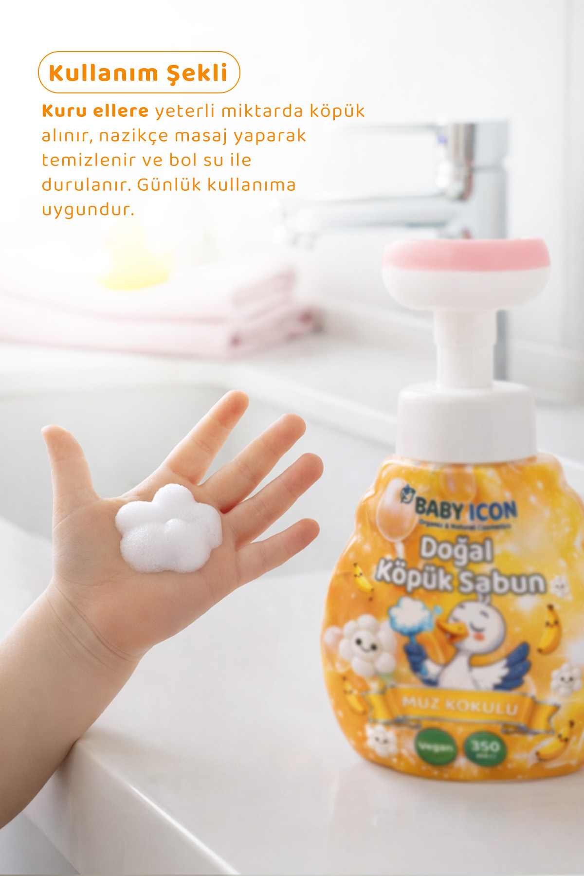 Baby İcon Doğal Çocuk Köpük El Sabunu 350 ml Muz Kokulu Vegan Parabensiz Köpük fotoğrafı 3 (önizleme)