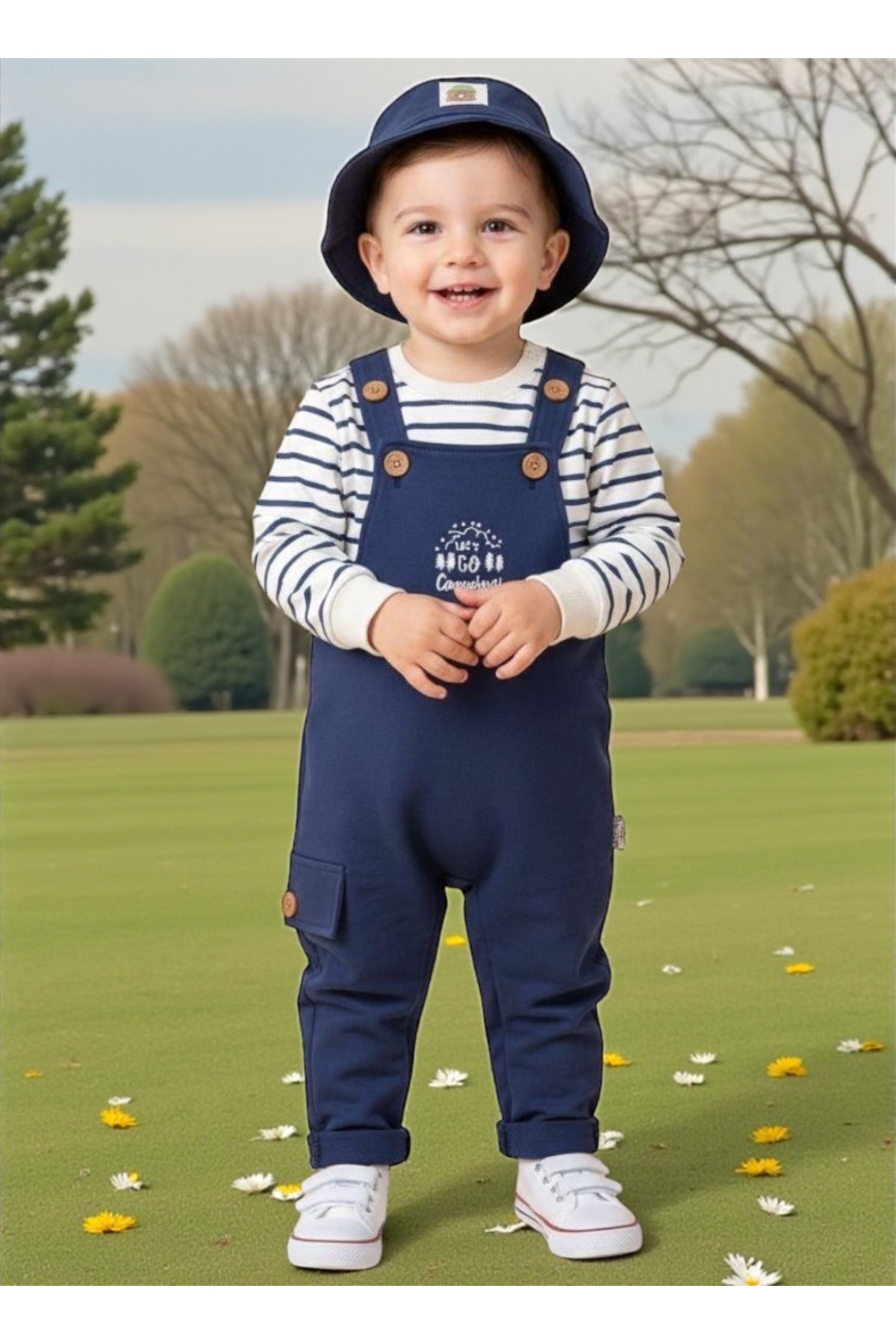 Embroidered Button Detailed Safari Hat Ribbon Printed Sweatshirt Dungaree Baby Boy Set