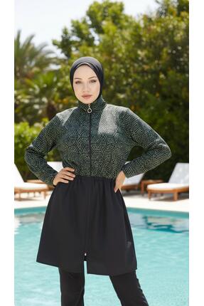 new ats Lamis Kadın Tam Kapalı Desenli Tesettür Mayo 4lü Takım Bone ve Çantalı