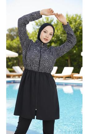 new ats Rima Kadın Tam Kapalı Desenli Tesettür Mayo 4lü Takım Bone ve Çantalı