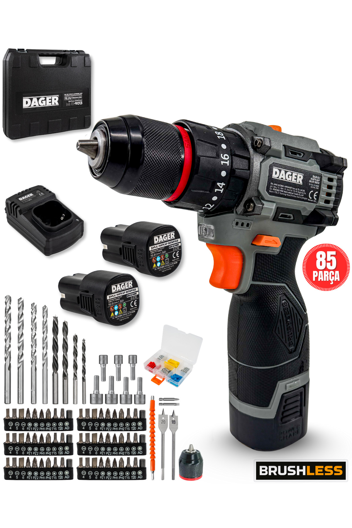 Dager BOLT 16.8V Kömürsüz Darbeli Şarjlı Matkap Vidalama Seti | 60Nm | Çift Akü + 85 Parça Aksesuar + Hızlı Şarj | Gri