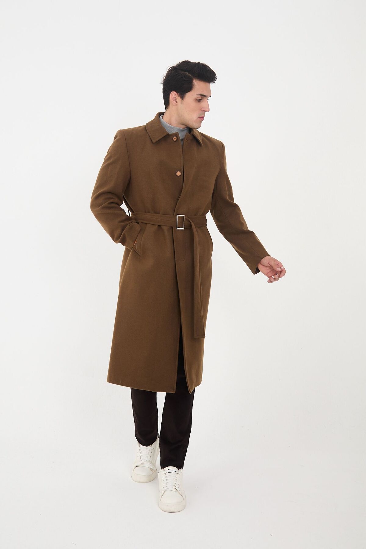 RUVEN TEKSTİL  Uzun Kuşaklı Kaşe Kaban Palto | Regular KesiM - Görsel 4