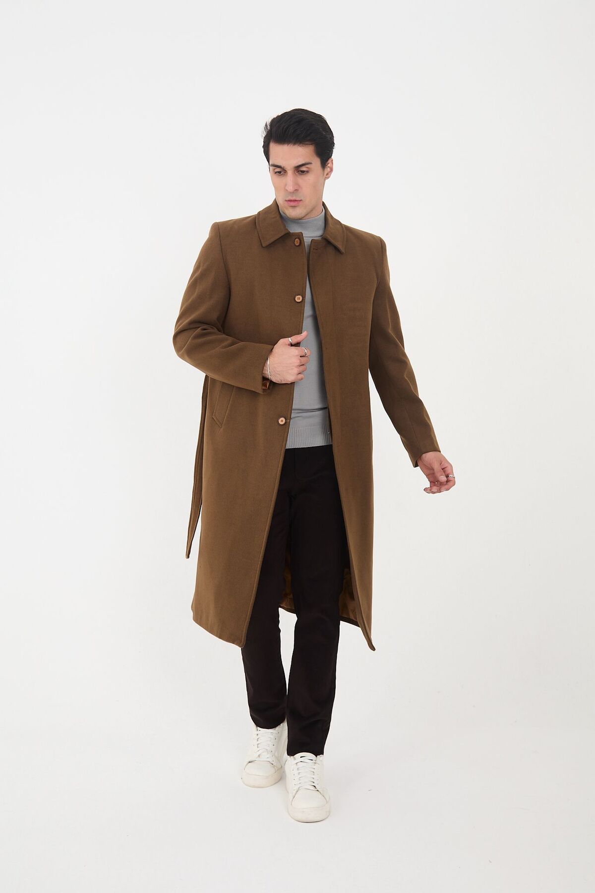 RUVEN TEKSTİL  Uzun Kuşaklı Kaşe Kaban Palto | Regular KesiM - Görsel 3