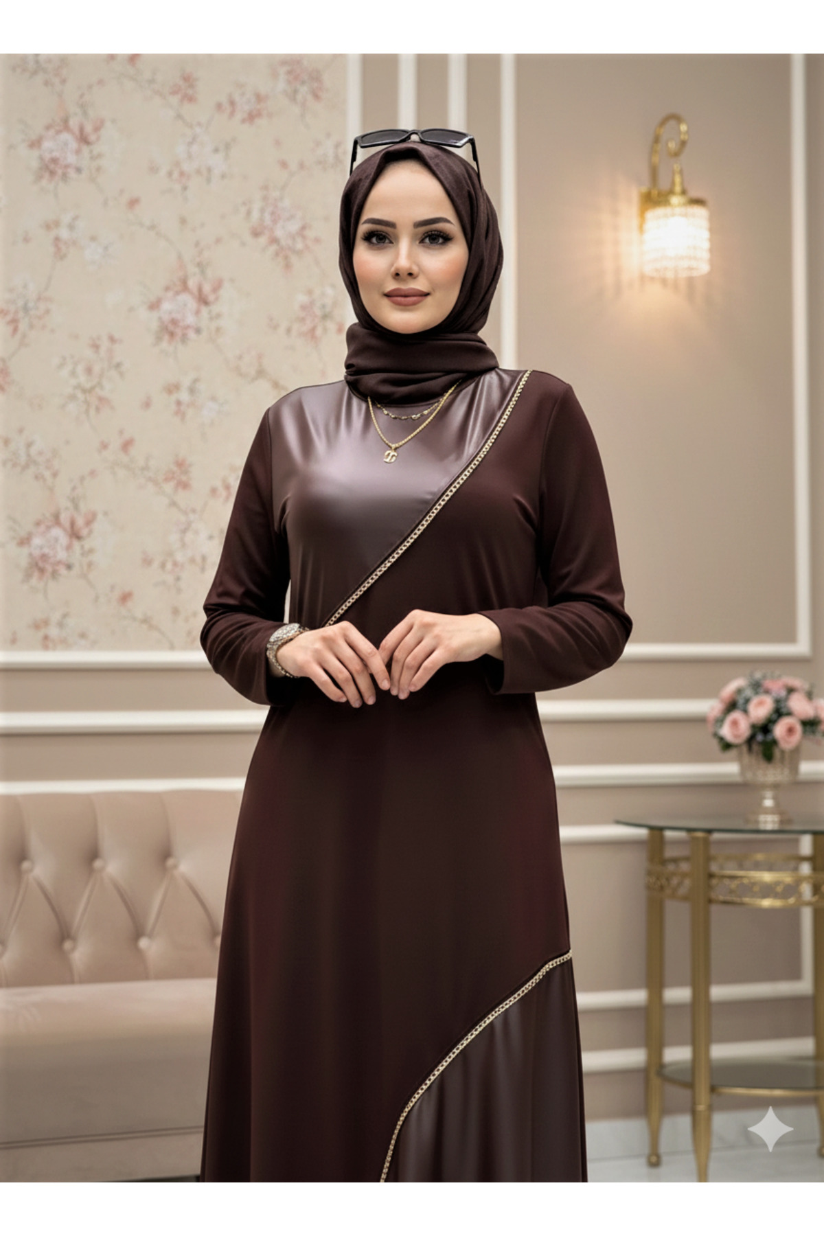 modamira  Kadın Kahverengi Pamuk Viskon Deri ve Zincir Detaylı Şık Davet Tasarım Tarz Boydan Tesettür Elbise - Görsel 9