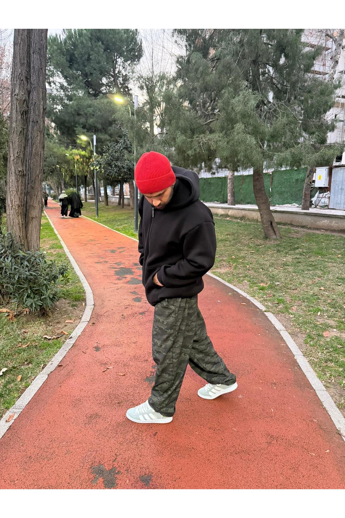 Bas Body FitnessWear Battal Büyük Beden 2 İplik Koyu Kamuflaj Fermuarlı Derin Cepli İpli Bel Eşofman Altı görsel 7