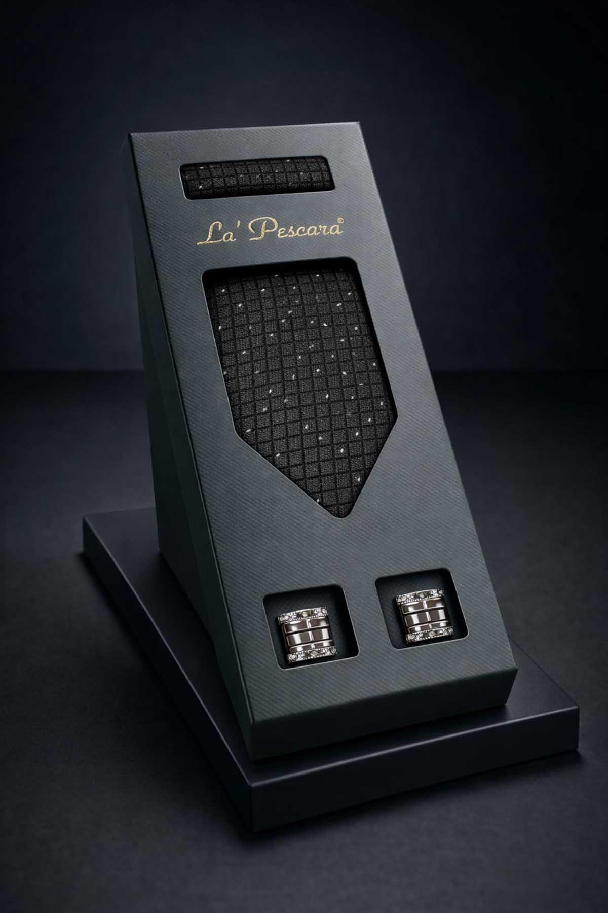  ست هدیه مردانه کراوات و دکمه سرآستین کلاسیک با دستمال مشکی OS594