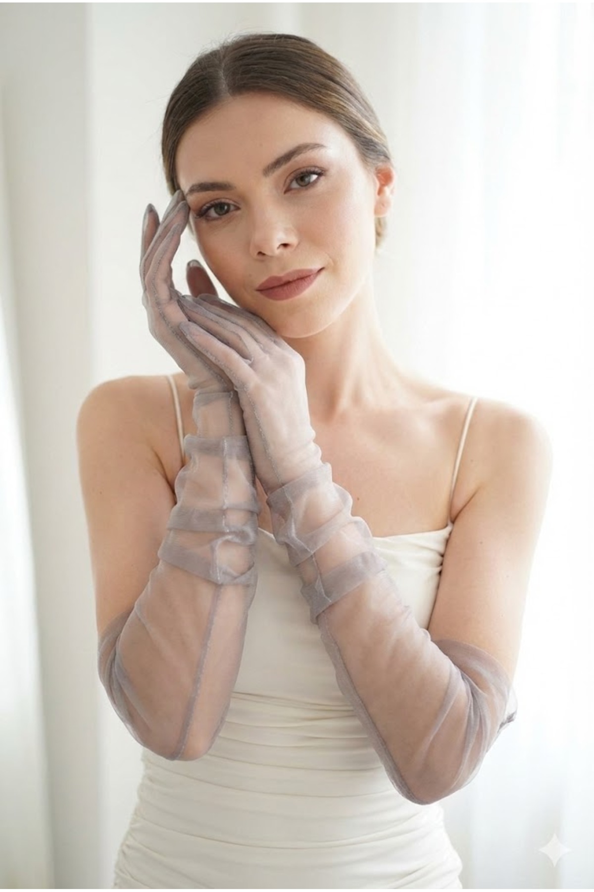 Silk Aura Draped Grey Long Tulle Gloves | Elegant and Modern Couture Custom Design