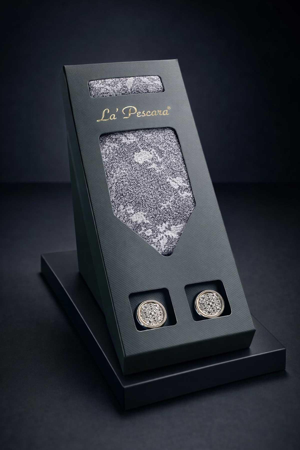  ست هدیه مردانه دکمه سرآستین کلاسیک طرح مربع جیبی خاکستری - یاسی OS605