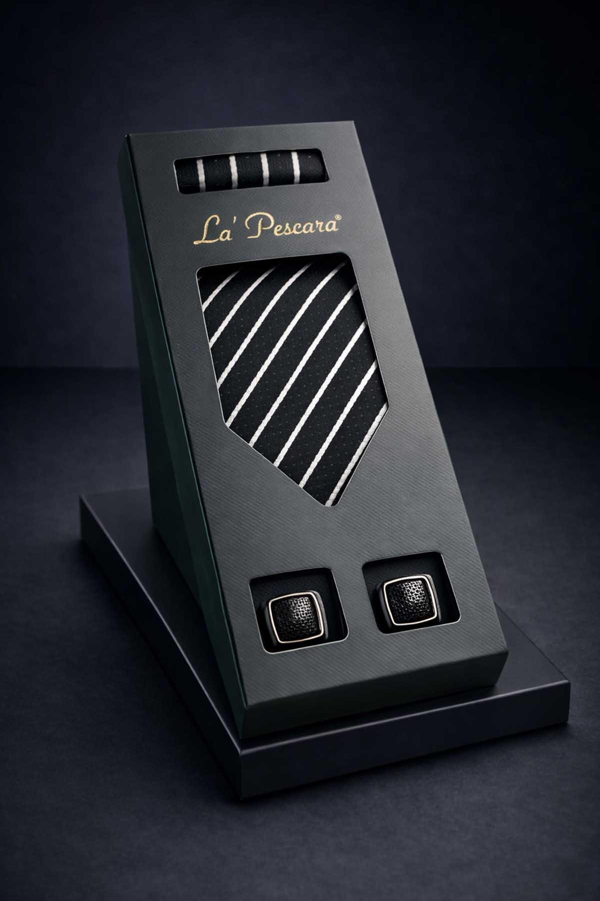  ست هدیه مردانه کراوات و دکمه سرآستین کلاسیک با دستمال جیبی مشکی OS617