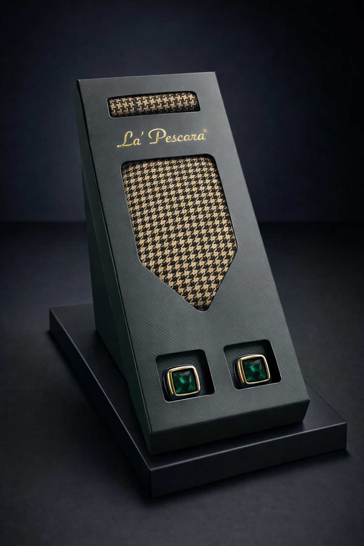  ست هدیه مردانه دکمه سرآستین کلاسیک طرح مربع جیبی بژ OS606