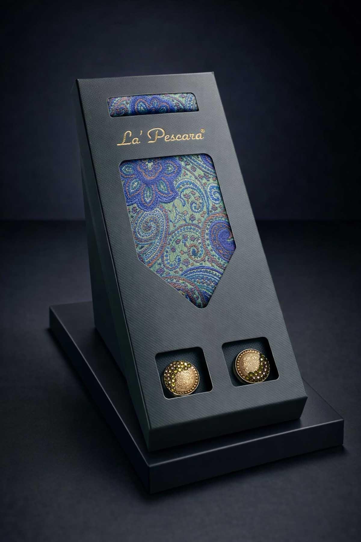  ست هدیه مردانه کراوات و دکمه سرآستین کلاسیک با دستمال سبز OS600