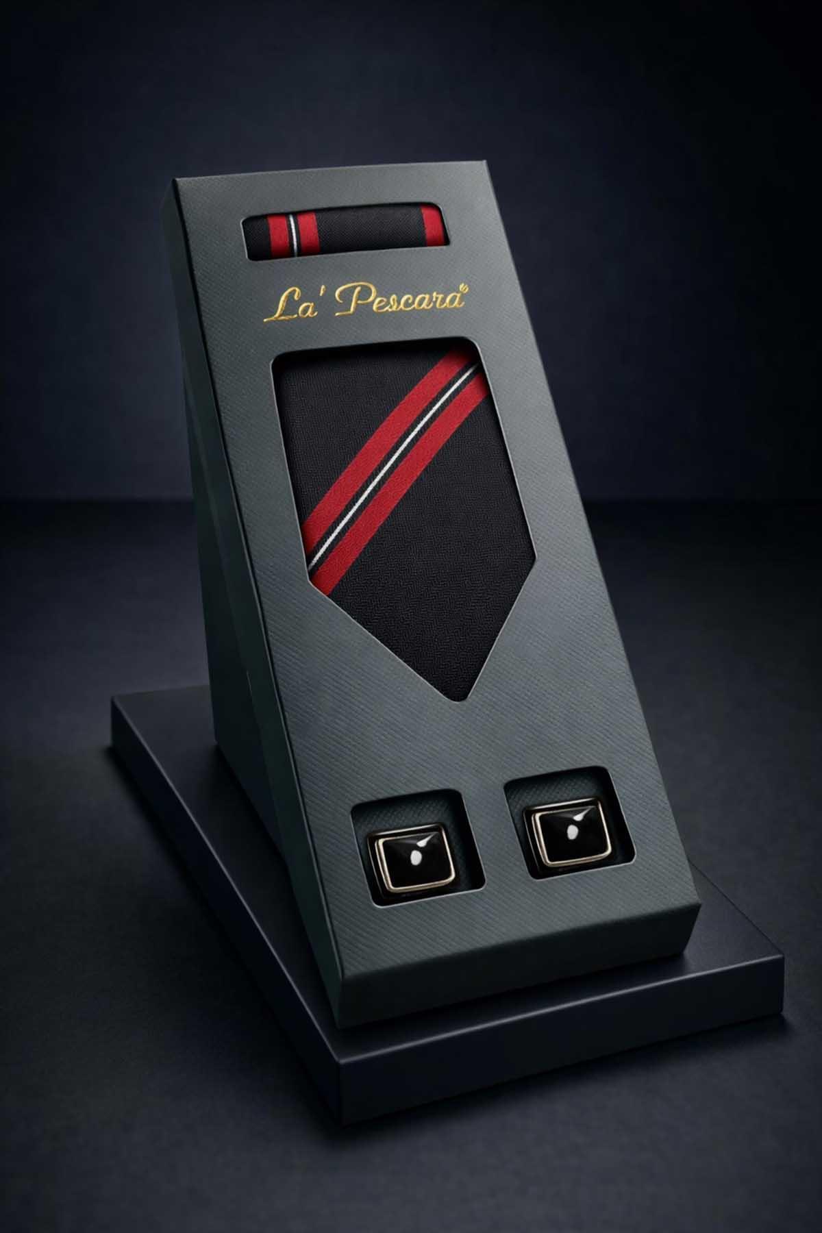  ست هدیه مردانه کراوات و دکمه سرآستین کلاسیک با دستمال مشکی OS609