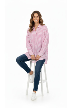 ÇINARLI MODA Kadın Oversize Geniş Kesim Çizgili Kumaş Uzun Kollu Cepli Dokulu...