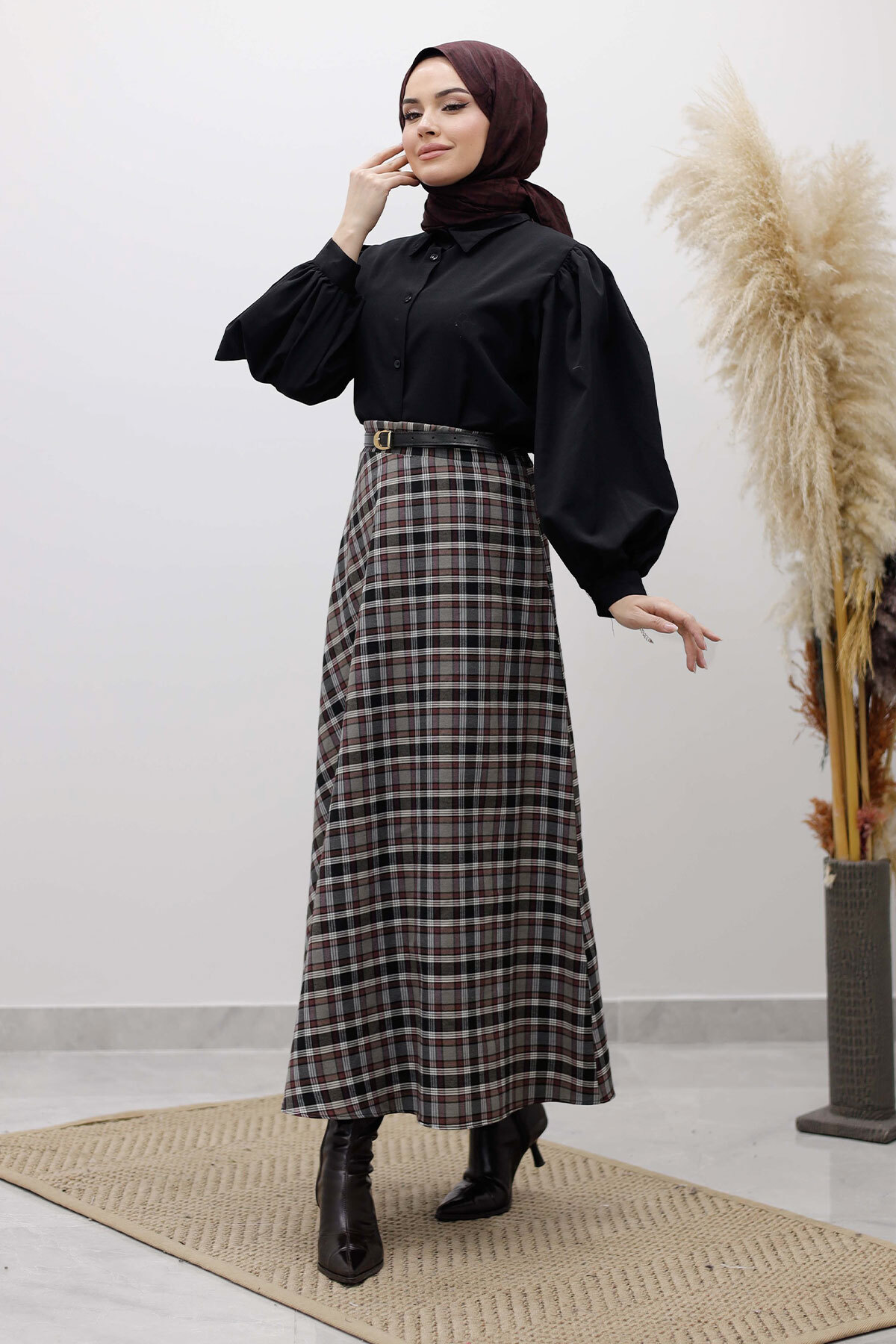 Tesettür Dünyası  Ekose Etek TSD260102 Gri - Görsel 3