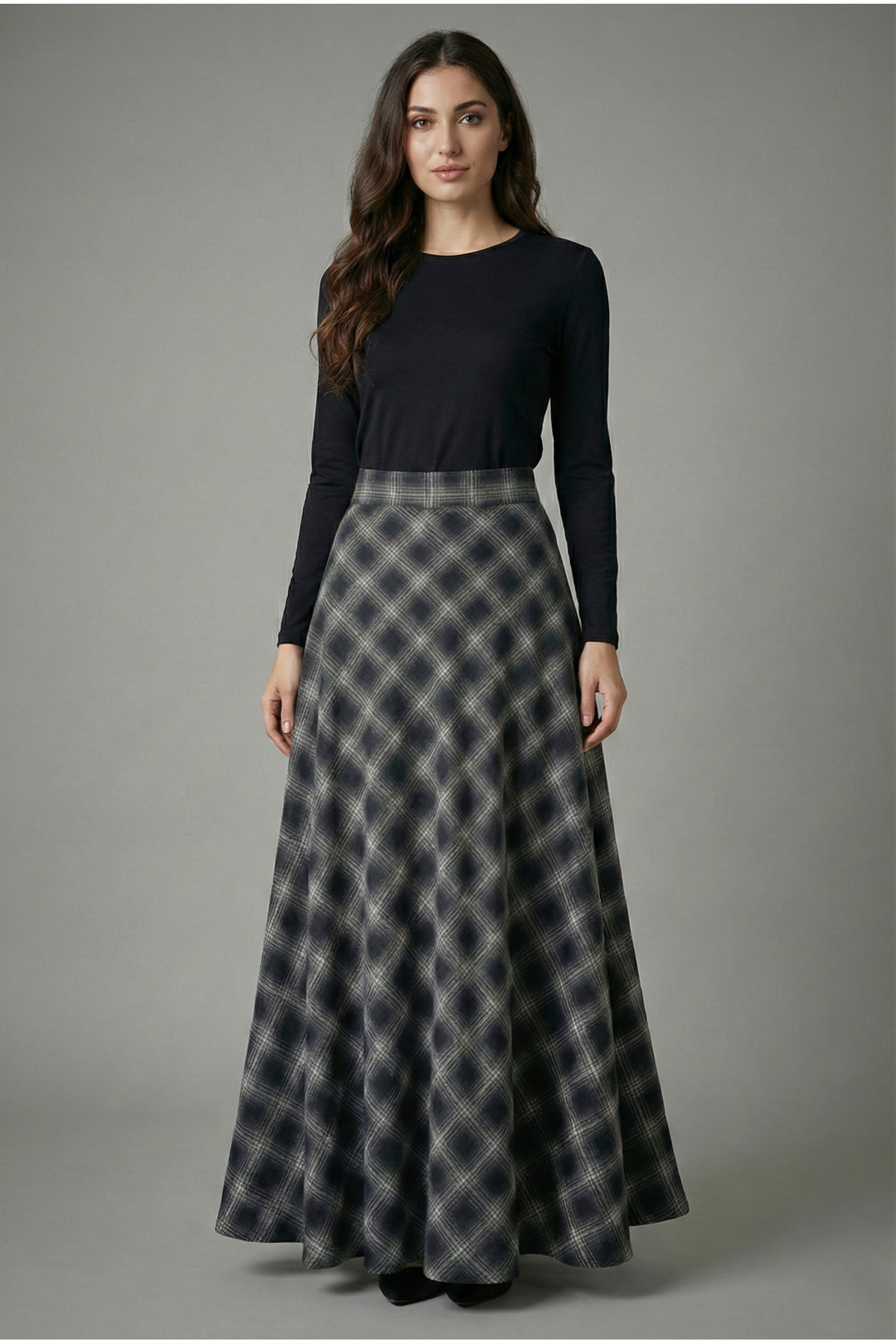 Şiir  MANUA Kadın Ekose Desen Volanlı Kloş Evaze Etek & Tesettür Etek - Haki