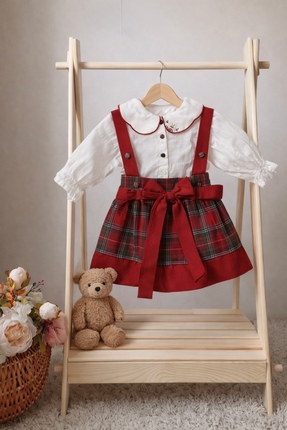 ASİLA Ekose Kız Bebek Gömlek Omuzdan Askılı Etek Takım