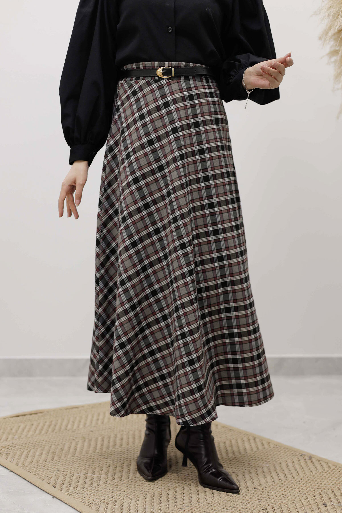 Tesettür Dünyası  Ekose Etek TSD260102 Gri - Görsel 2