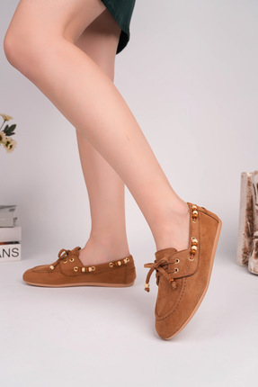 ROSETTE Kadın TABA Dana Süet Boncuk Detaylı Loafer Günlük Kullanım Ayakkabı