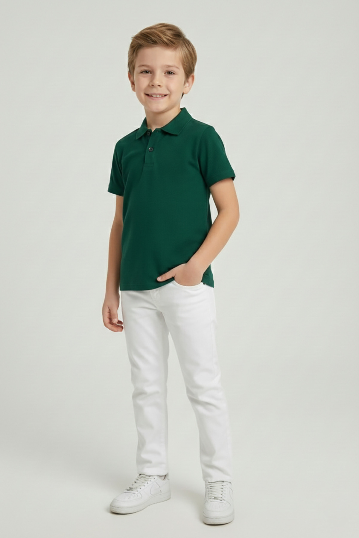 Boy's Naphtha Green Polo Neck T-Shirt and White Pants Set 23 April 29 October Showwear