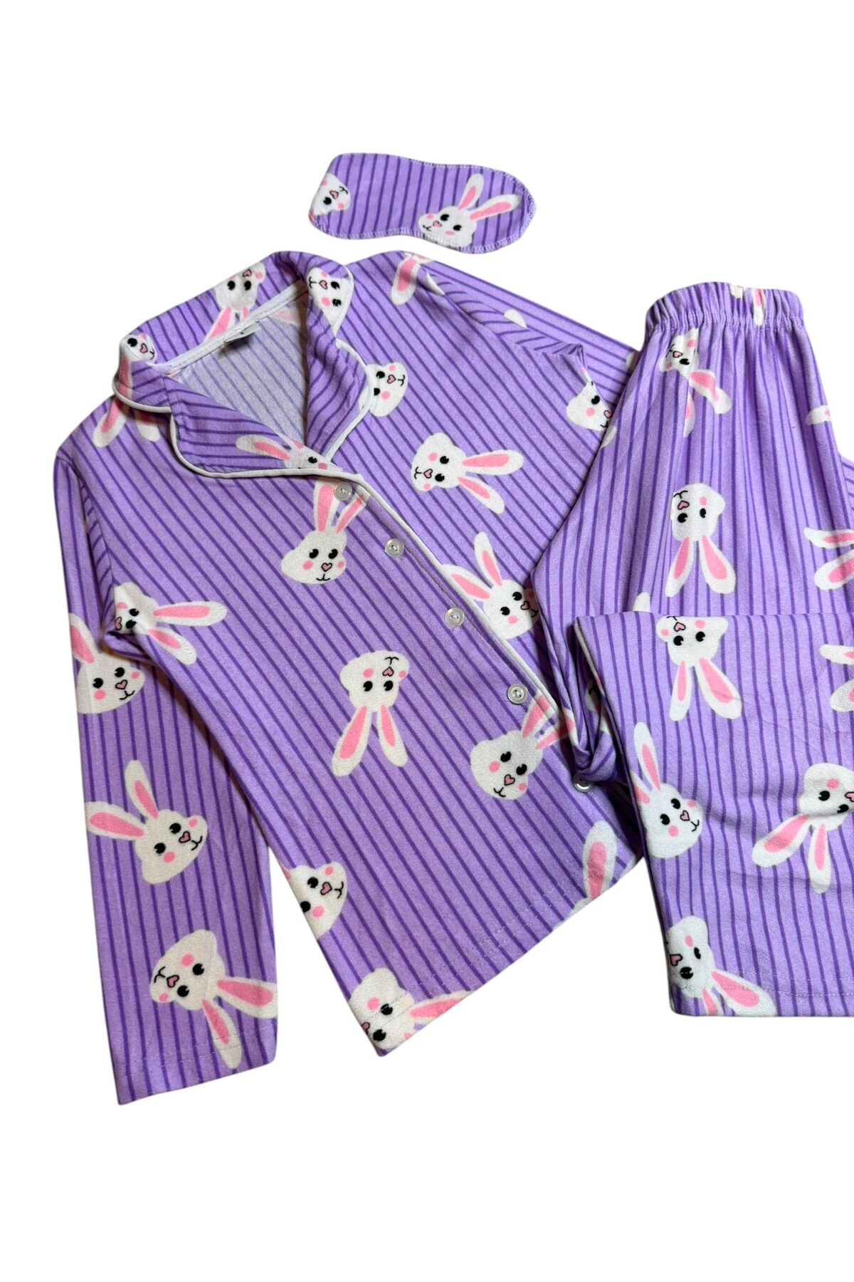 Fil Kids Kız Çocuk Pamuklu Süet Kumaş Lila Tavşan Desenli Uyku Bantlı Gömlek Yaka Düğmeli Pijama Takımı fotoğrafı 3 (önizleme)