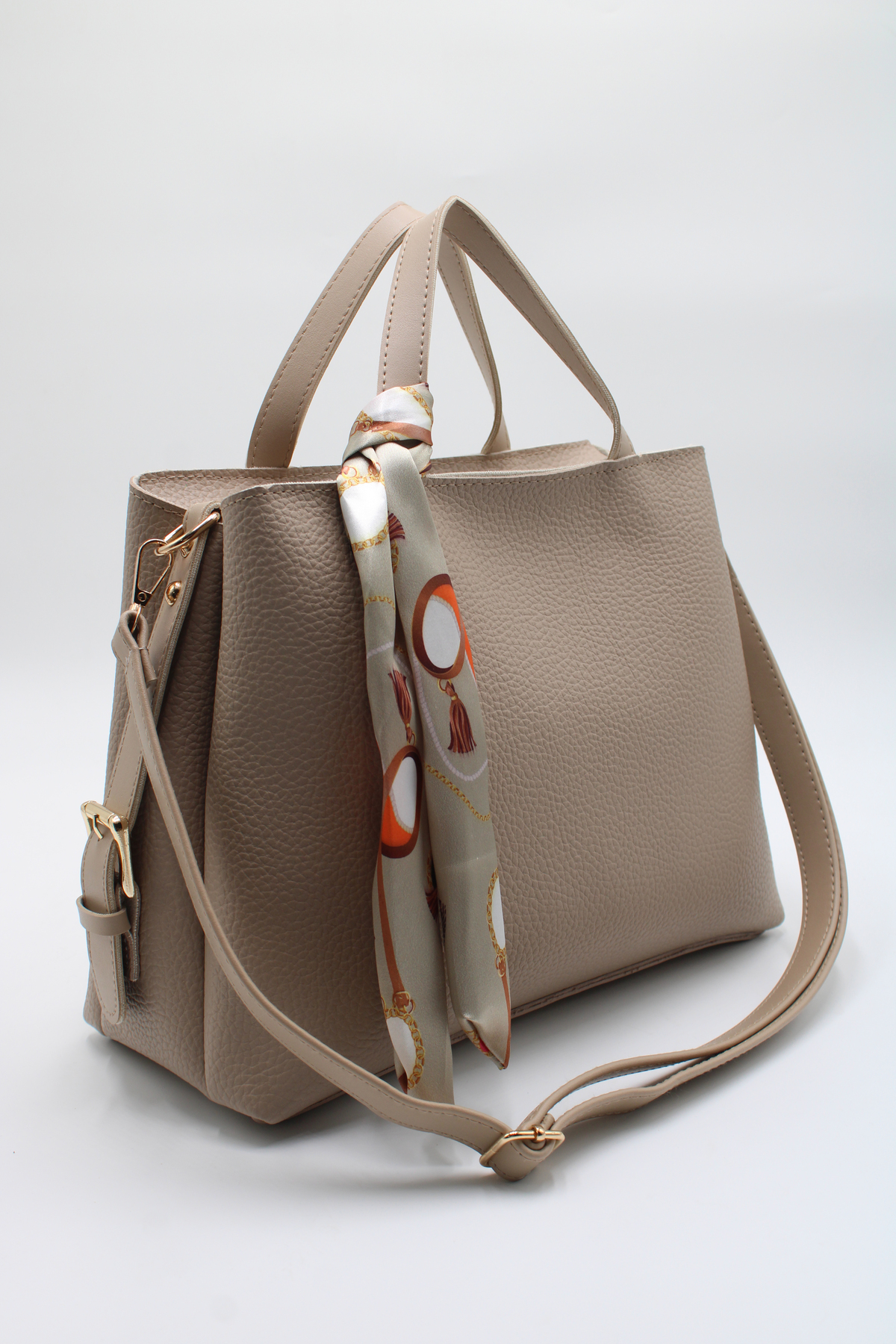 Women's Beige Oversized Inner Pockets Double Handle Scarf Detailed Handy Crossbody Hand and Shoulder Bag