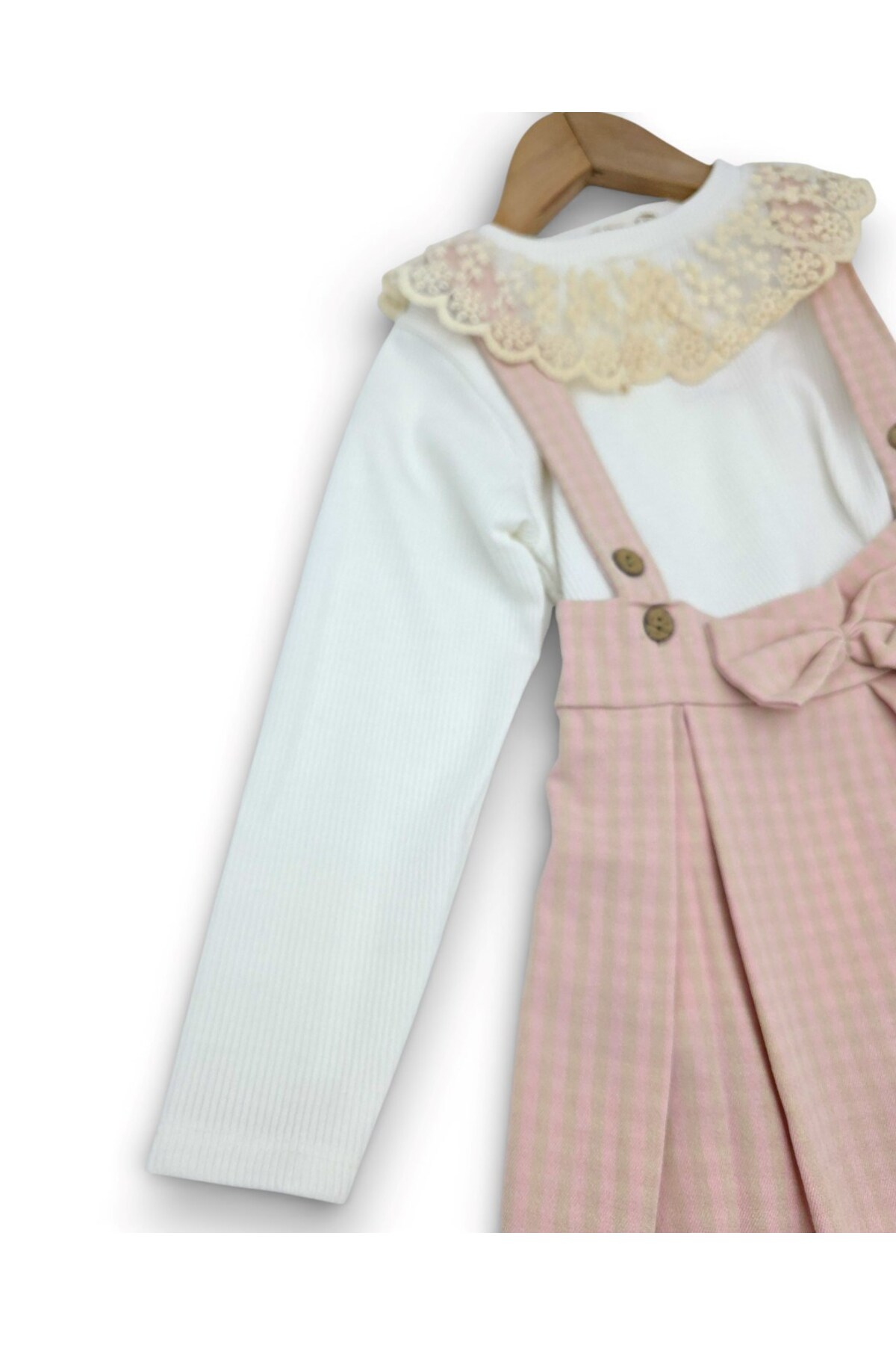 Ege Bebek Kız Çocuk Ekose Salopet Elbise Takımı – Dantelli Uzun Kollu Bluzlu, Askılı Etek Kombin (2-9 Yaş) fotoğrafı 3 (önizleme)
