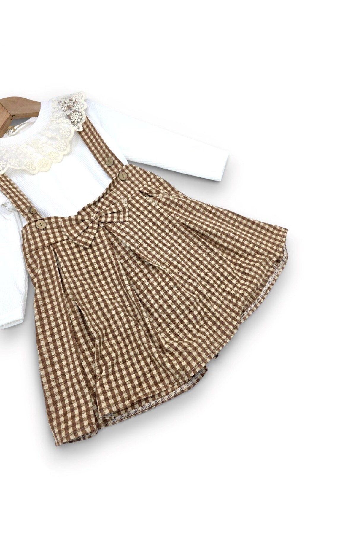 Ege Bebek Kız Çocuk Ekose Salopet Elbise Takımı – Dantelli Uzun Kollu Bluzlu, Askılı Etek Kombin (2-9 Yaş) fotoğrafı 6 (önizleme)