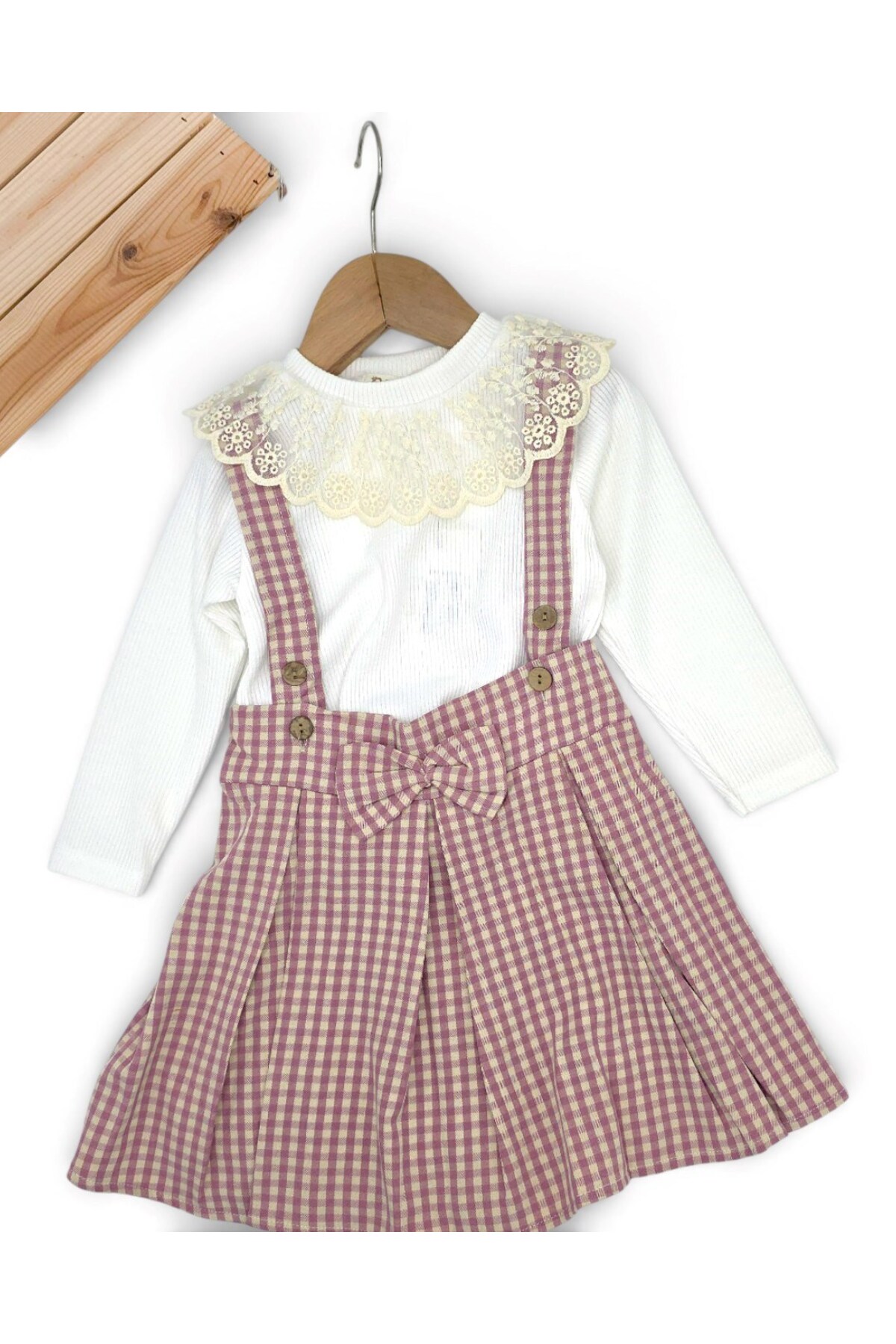 Ege Bebek Kız Çocuk Ekose Salopet Elbise Takımı – Dantelli Uzun Kollu Bluzlu, Askılı Etek Kombin (2-9 Yaş) fotoğrafı 3 (önizleme)