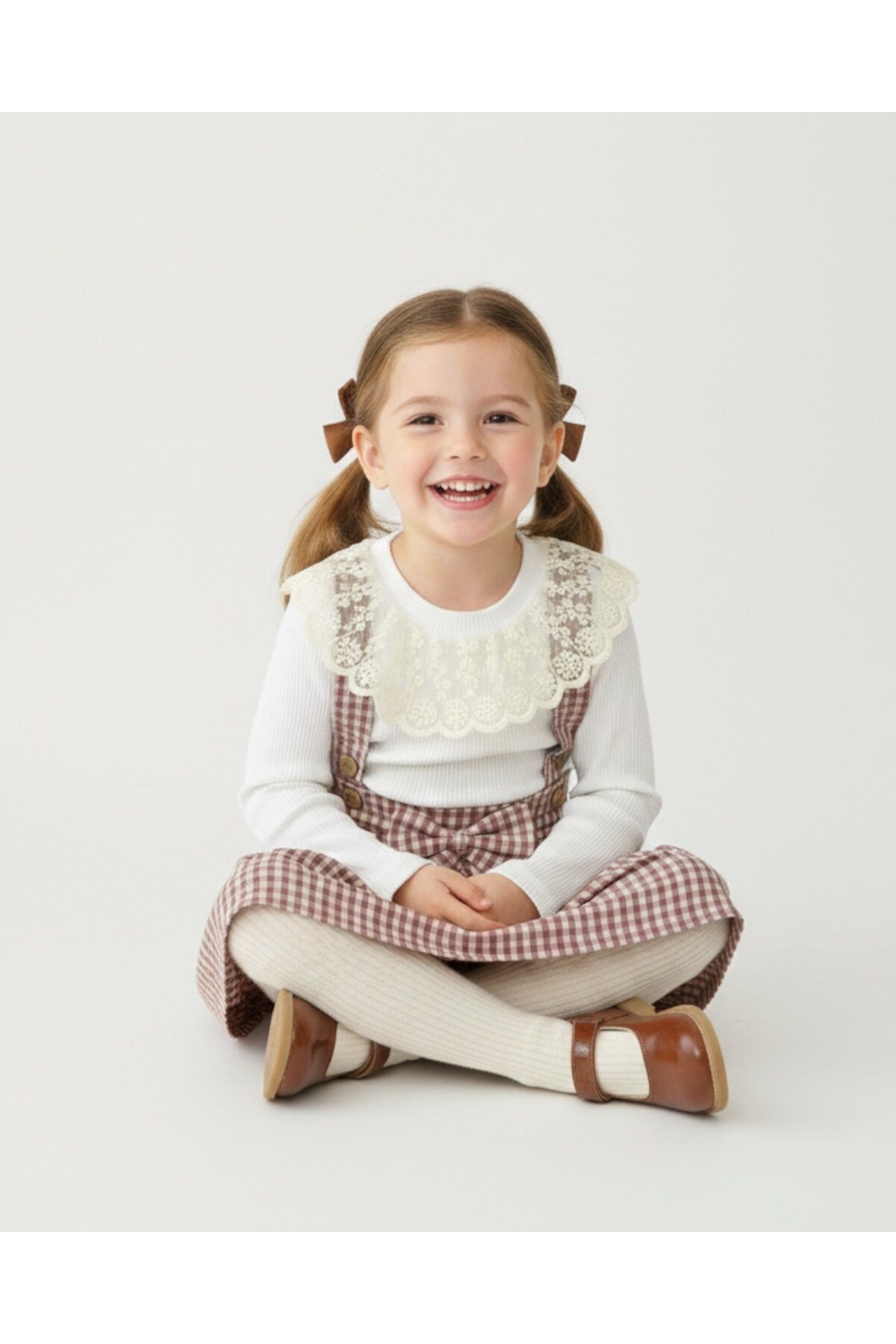 Ege Bebek Kız Çocuk Ekose Salopet Elbise Takımı – Dantelli Uzun Kollu Bluzlu, Askılı Etek Kombin (2-9 Yaş) fotoğrafı 2 (önizleme)