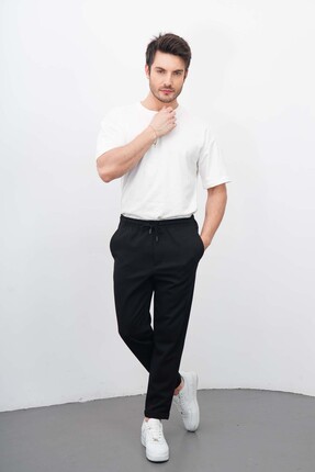 DI LORIA Erkek Siyah Yan Cepli Rahat Kalıp Duble Paça Likralı Jogger Pantolon