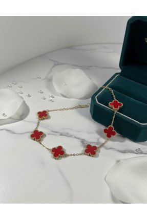 Meneva Aksesuar Kırmızı Taşlı 5’li Yonca Figürlü Çelik Bileklik