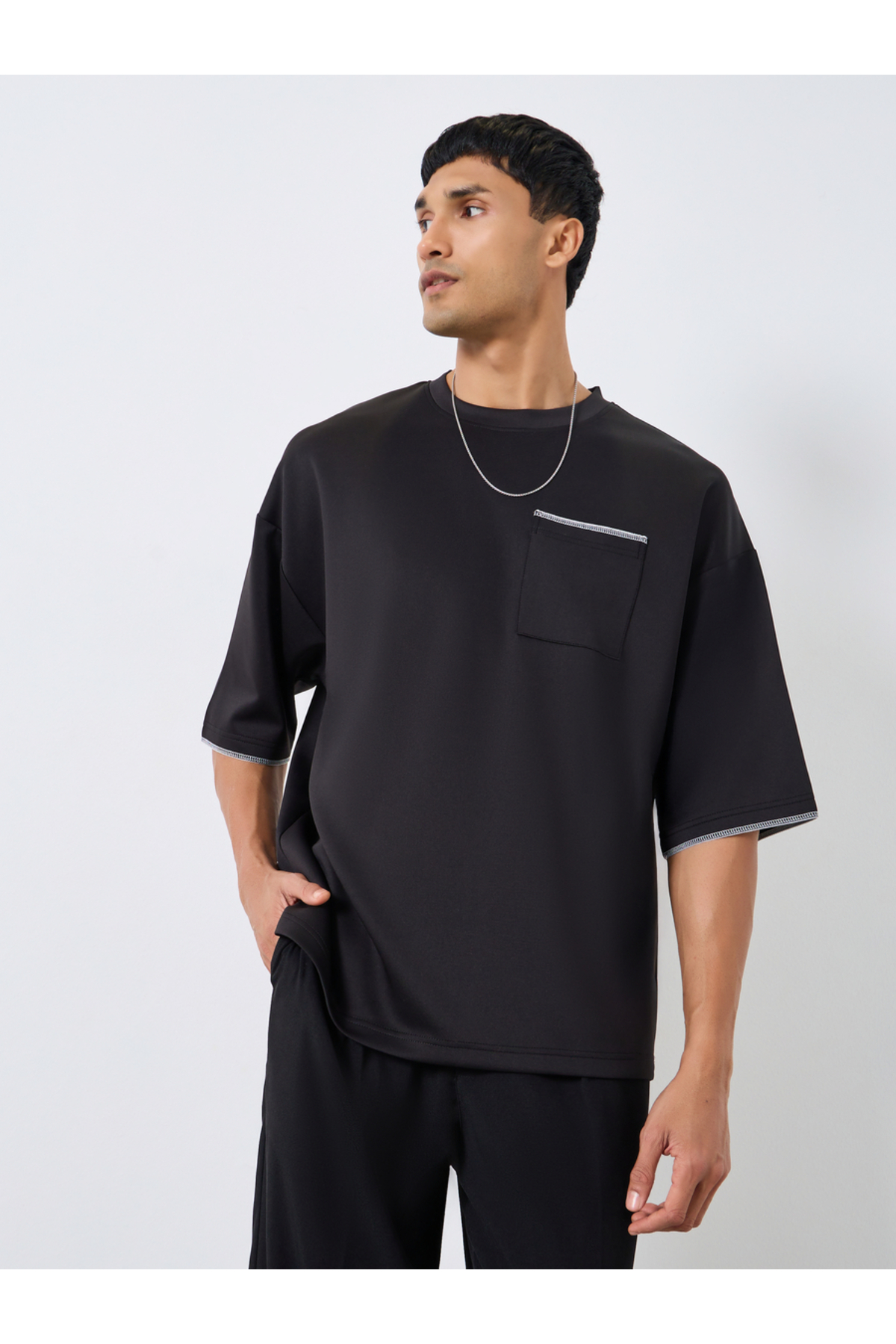 Styli Men Black Boxy Fit T-Shirt with Contrast Stitching
