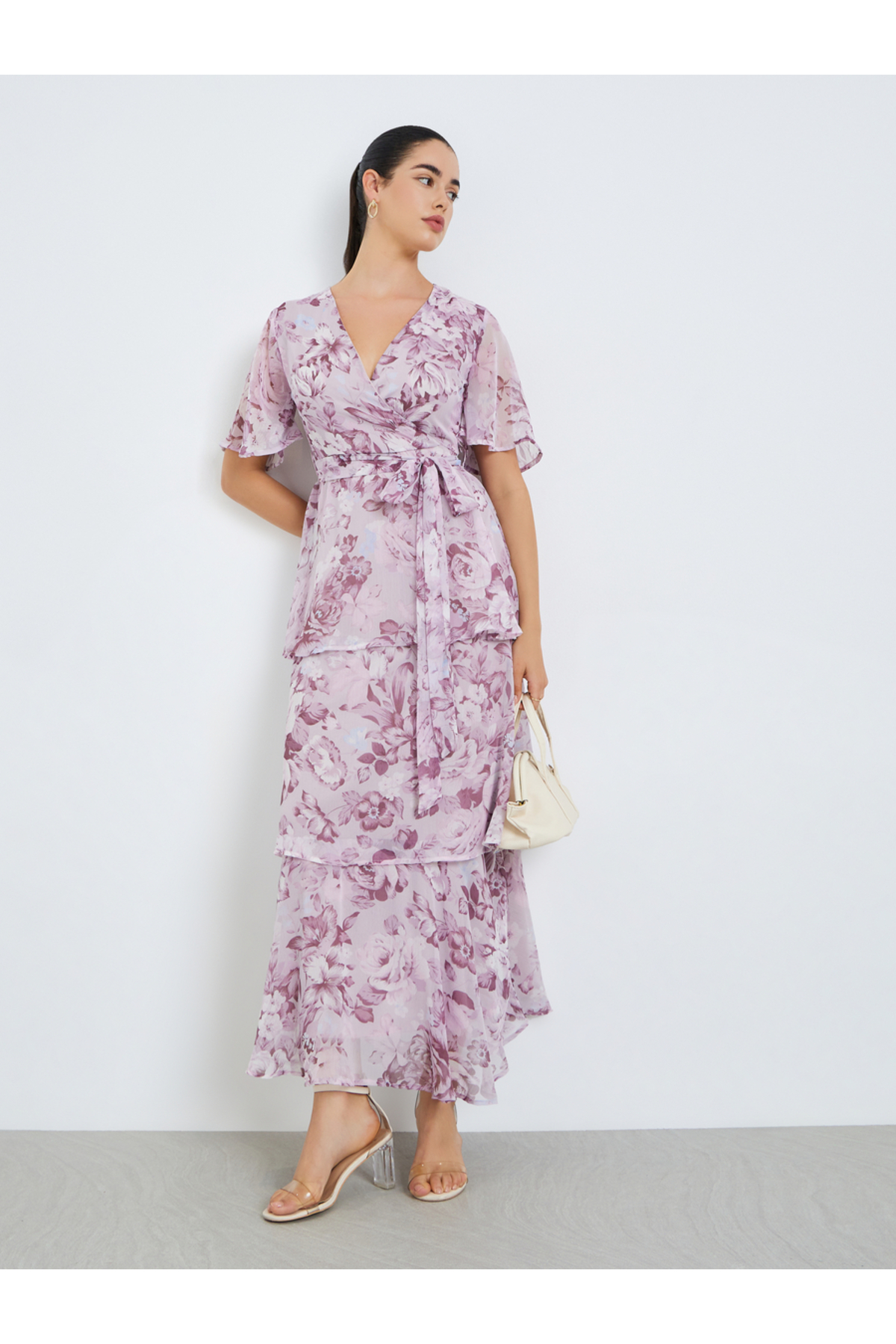 Styli Women Pink Floral Print Wrap Tiered Maxi Dress