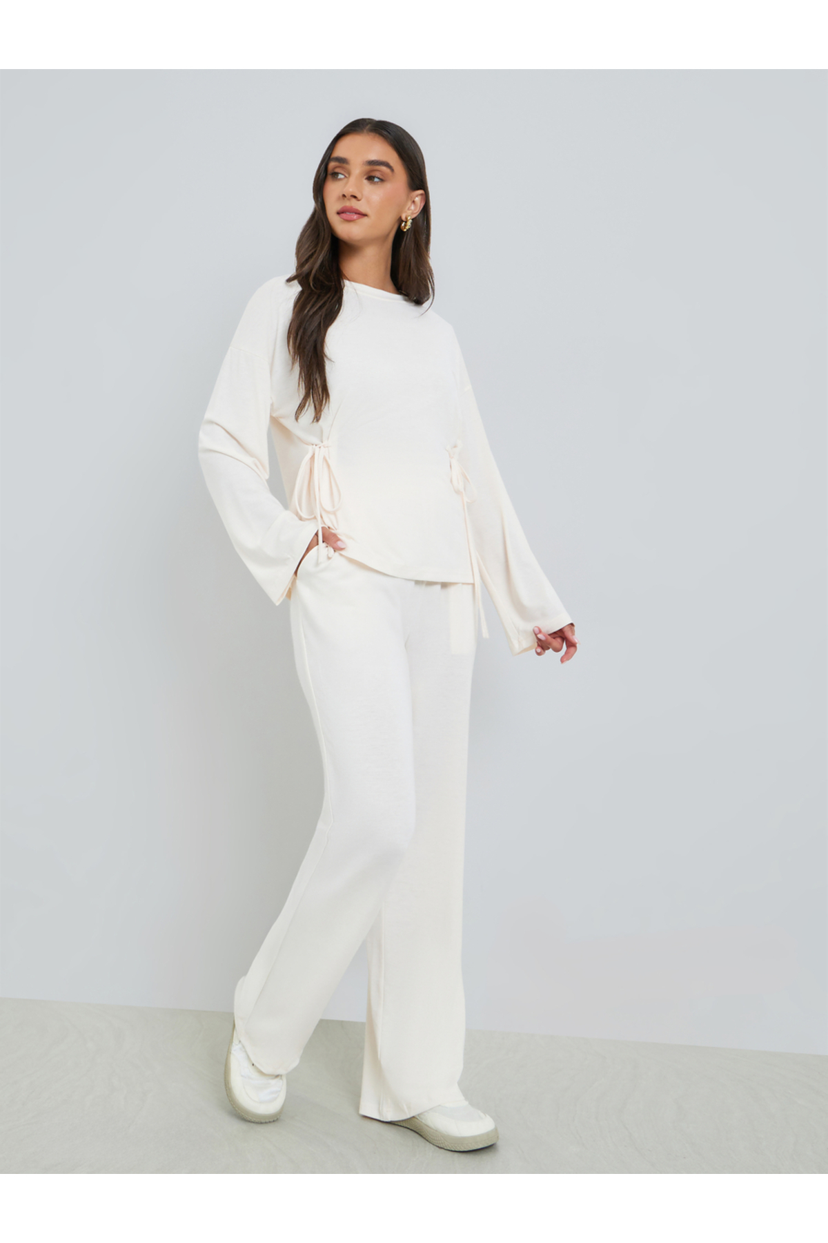 Styli Women Beige Side-Tie Top and Wide Leg Joggers Co-Ords