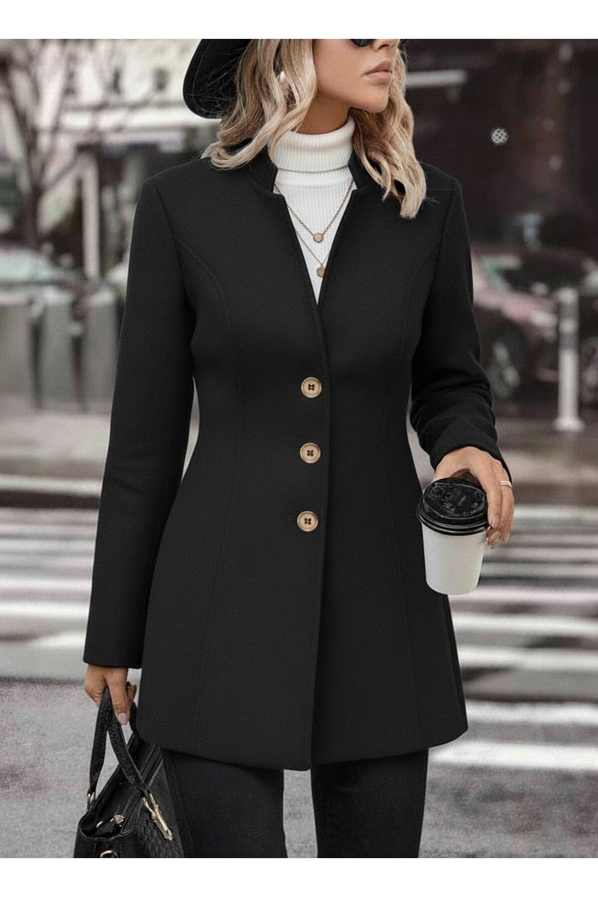 Toridas  Tasarım Yaka Siyah Kaşe Kaban - Görsel 2