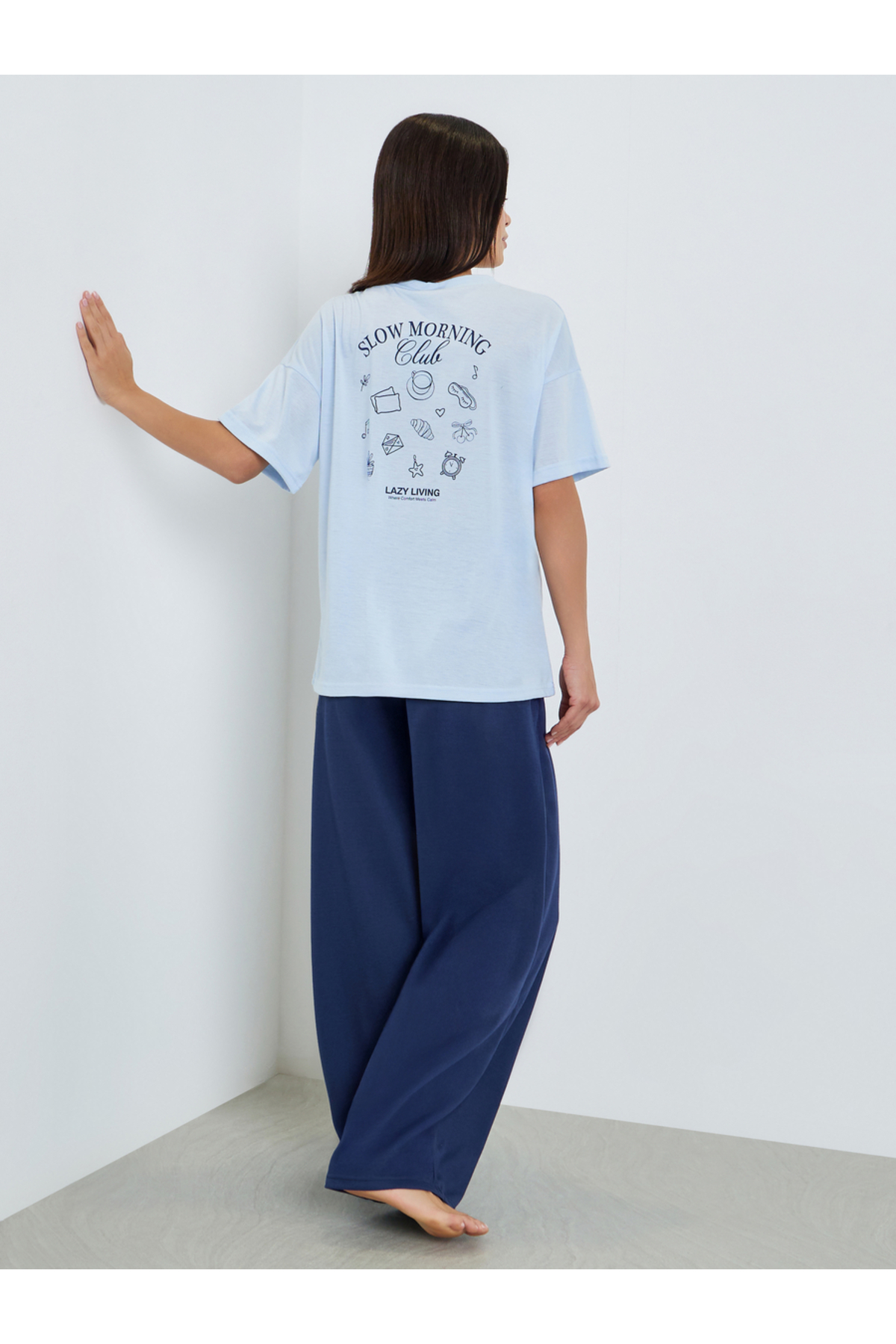 Styli Women Blue Printed T-Shirt and Pyjama Set