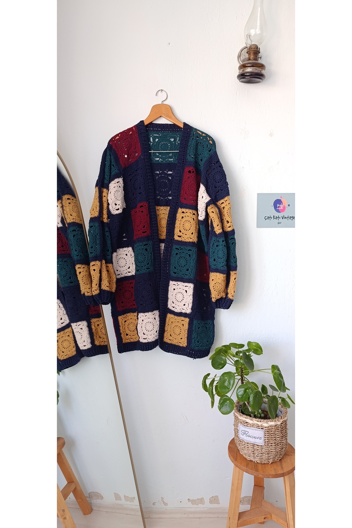 ÇATI KATI Vintage Özel Tasarım El Örgüsü Söğüt Dalı Uzun Hırka görsel 4