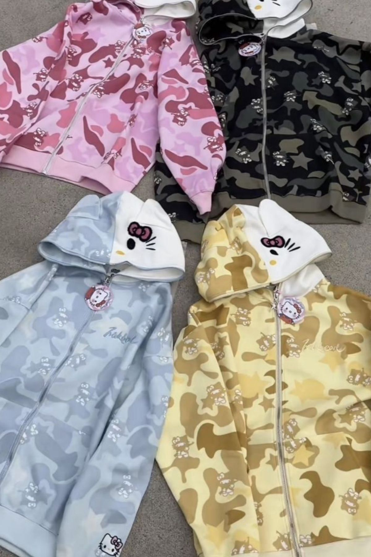 İlayda Toprak  Camo Sarı Hello Kitty Unisex Hoodie Fermuarlı Uzun Kollu Hırka - Görsel 4