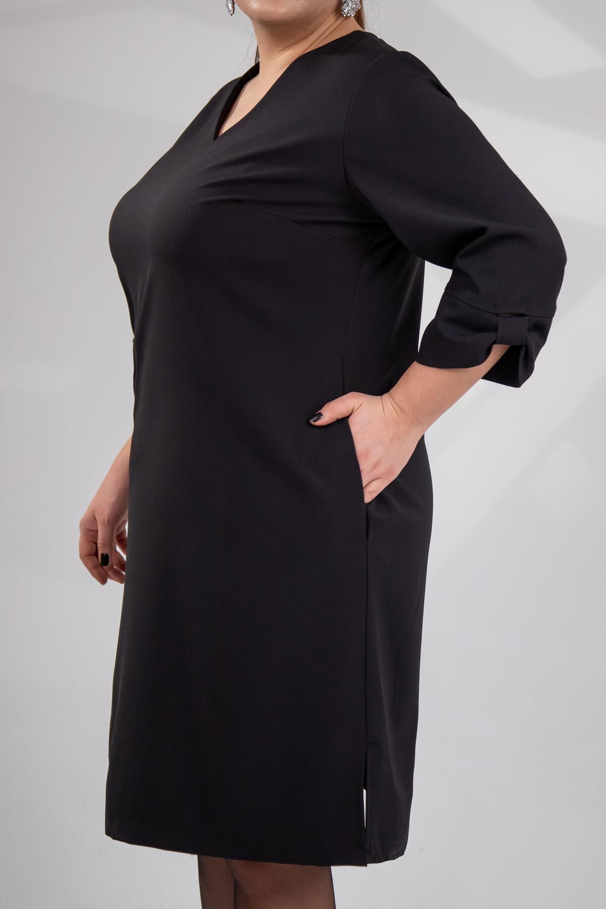 Roxxlen  Büyük Beden Kadın Kol Detaylı V Yaka Elbise Siyah - Görsel 7