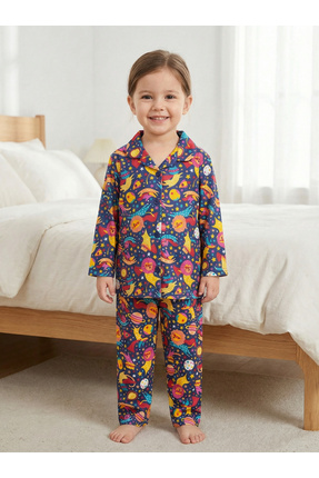 Shoebuo %100 Organik Pamuk Uzay Desenli Kız Çocuk Pijama Takımı 2-6 Yaş
