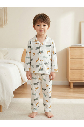 Shoebuo %100 Organik Pamuk Beyaz Hayvan Desenli Çocuk Pijama Takımı 2-6 Yaş