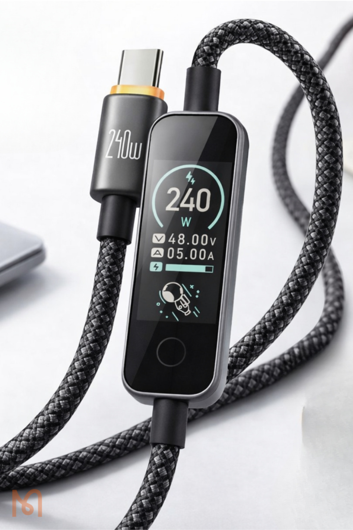 CabVision 240W Usb-C To Usb-C TFT Screen Touch Mode 1.2 Meter Black Braid Charging And Data Cable