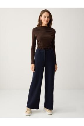 Jimmy Key Lacivert Bol Paça Yüksek Bel Örme Uzun Pantolon