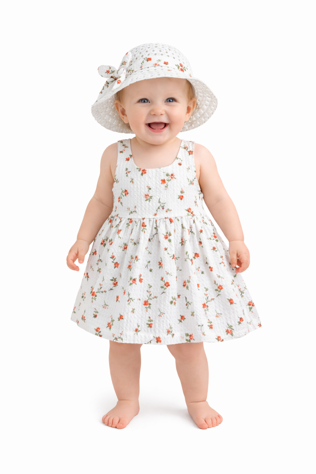 Chicsy Baby Tatlı Kız Bebek Çiçek Desenli Askılı Elbise ve Şapka Takımı Yazlık Pamuklu Bebek Elbisesi