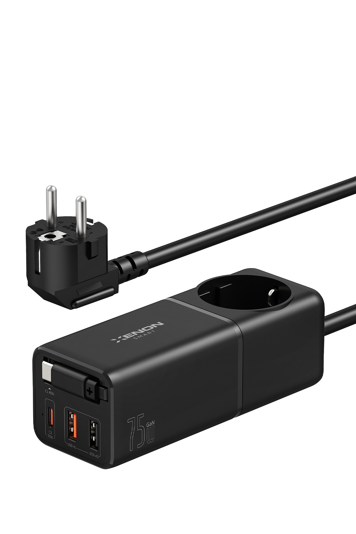 Desktop Plug Fast Charging Station | 75W GaN, 4000W AC, Built-in USB-C Cable, 3x USB, PD PPS (X6412)