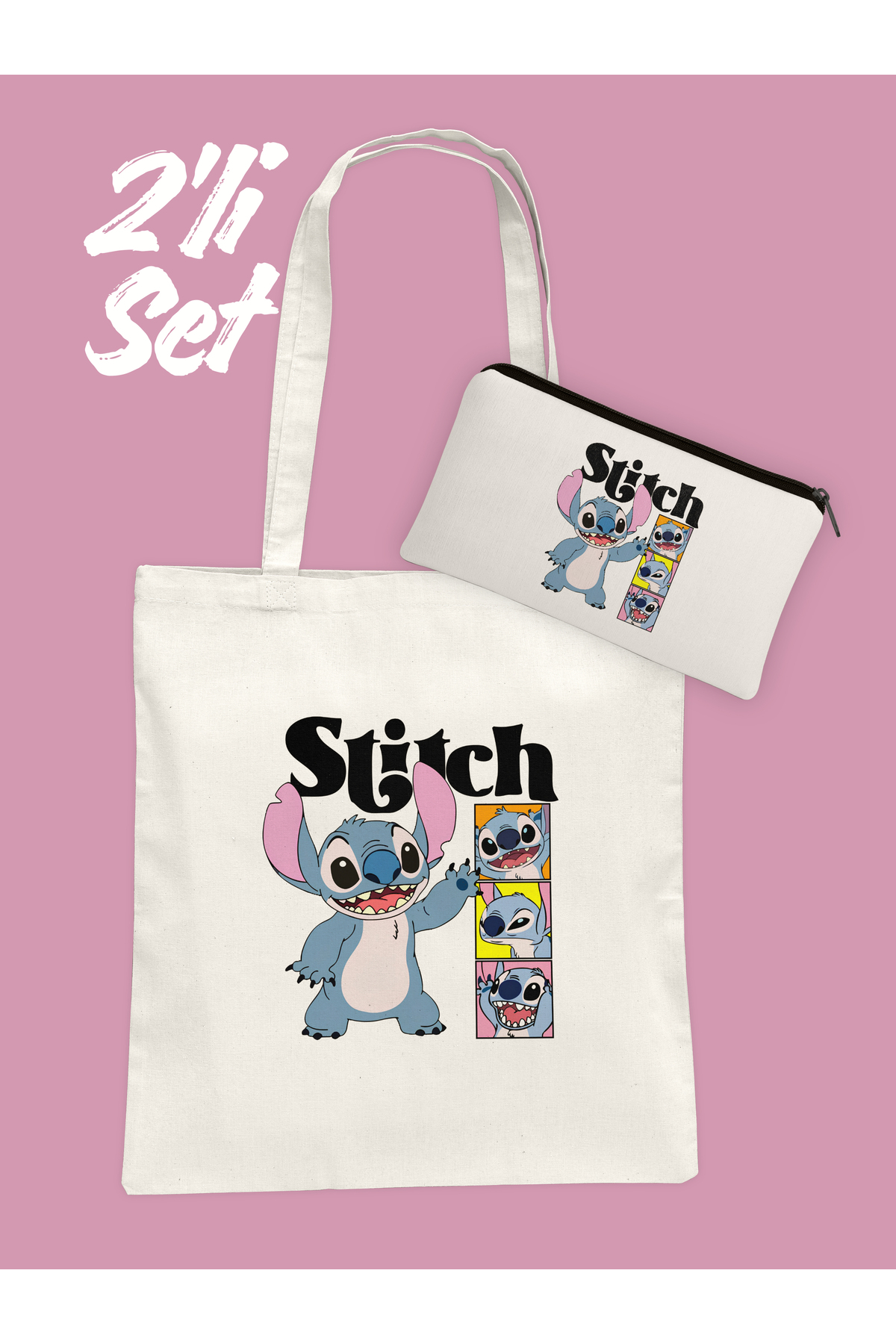 Hayali Şeyler  Stitch Desenli Bez Çanta ve Kalemlik Seti